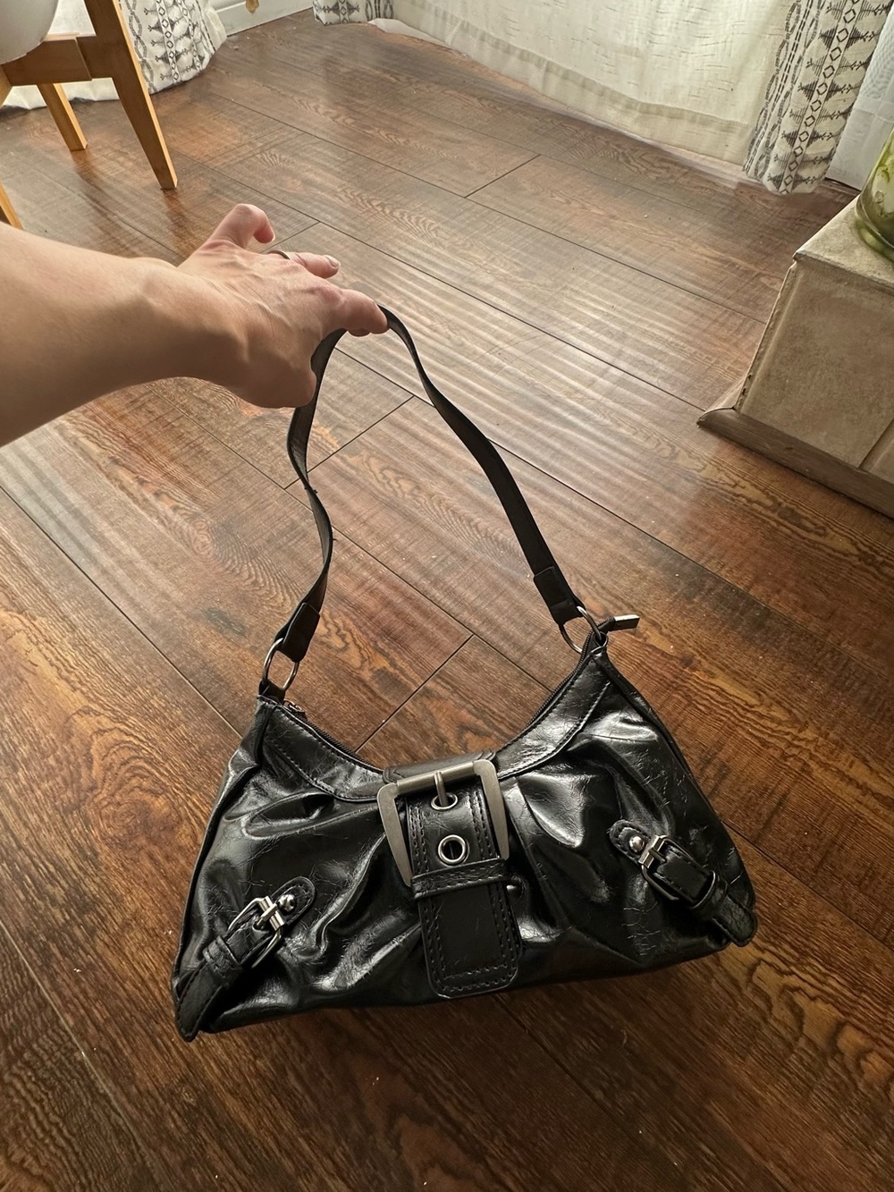 Edikted Black Patent Shoulder Bag with Silver Hardware